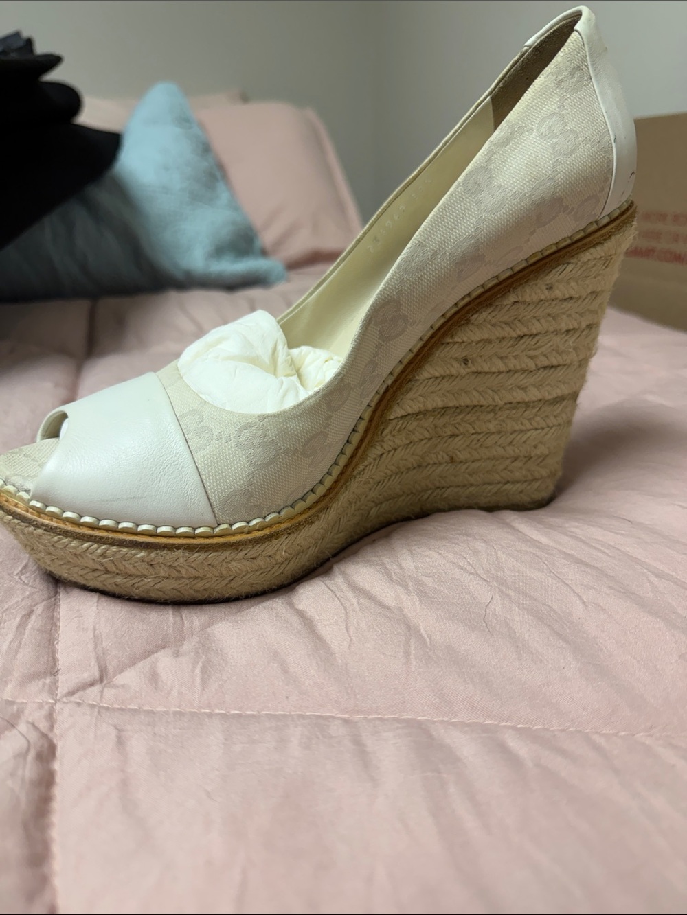 Gucci Beige Canvas Monogram Wedge Espadrilles - Picture 6 of 6